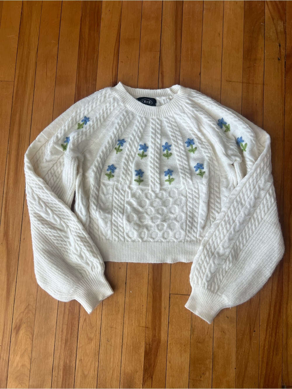 Cider Cable-Knit Crewneck Sweater with Blue Floral Embroidery